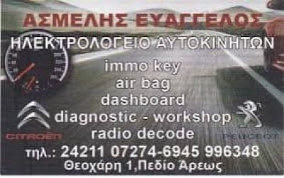 ΑΣΜΕΛΗΣ ΕΥΑΓΓΕΛΟΣ –  ΗΛΕΚΤΡΟΛΟΓΕΙΟ ΑΥΤΟΚΙΝΗΤΩΝ – ΣΥΝΕΡΓΕΙΟ ΑΥΤΟΚΙΝΗΤΩΝ – ΒΟΛΟΣ ΜΑΓΝΗΣΙΑΣ